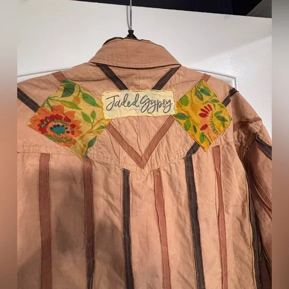 Jaded Gypsy Striped Button-Up Shirt with Colorful Patches/Boho-Urban Style,L/XL